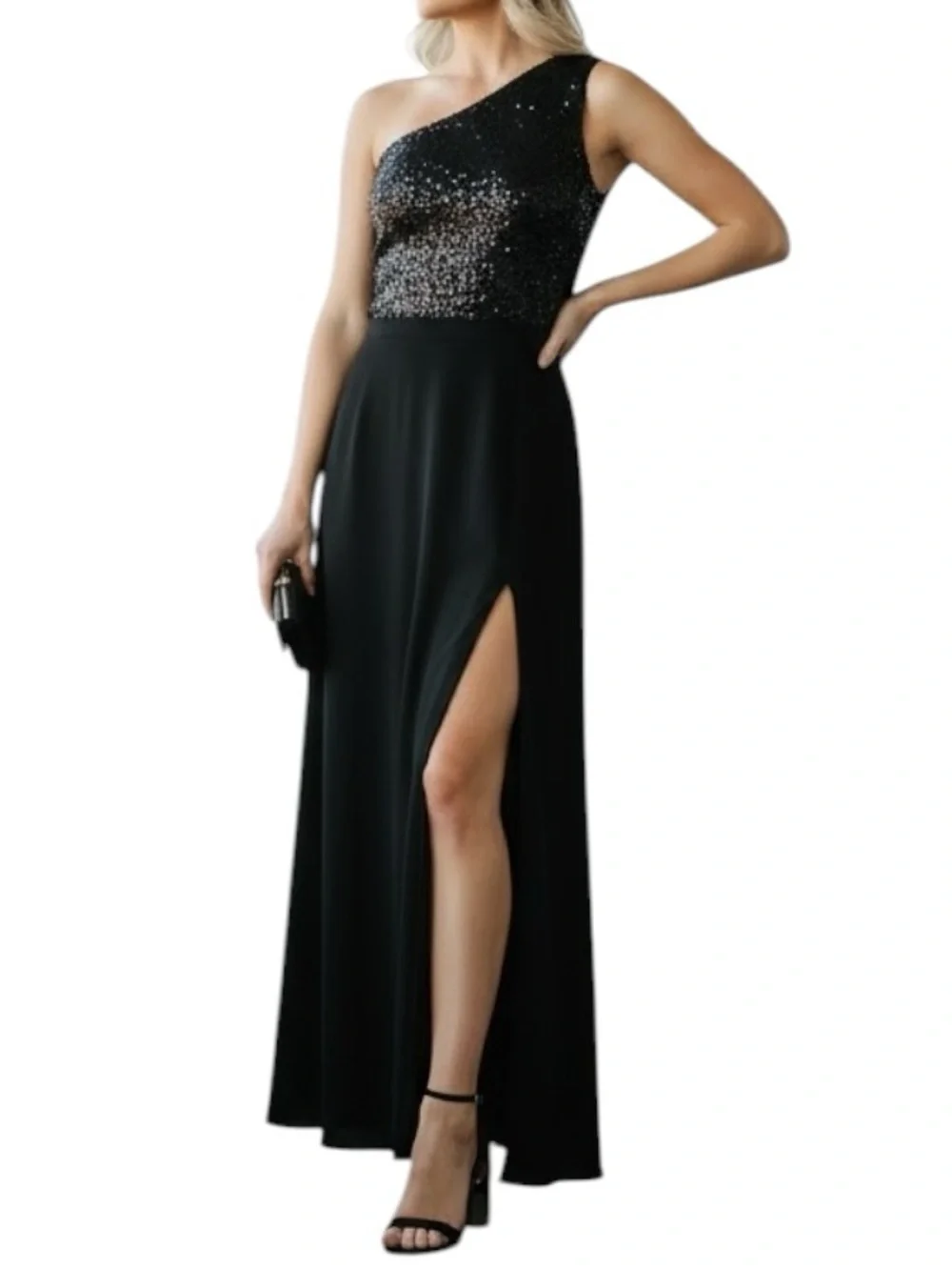Eliza J One Shoulder Sequin Bodice Scuba Crepe Gown Black Size 14 Red Carpet - Picture 9 of 9